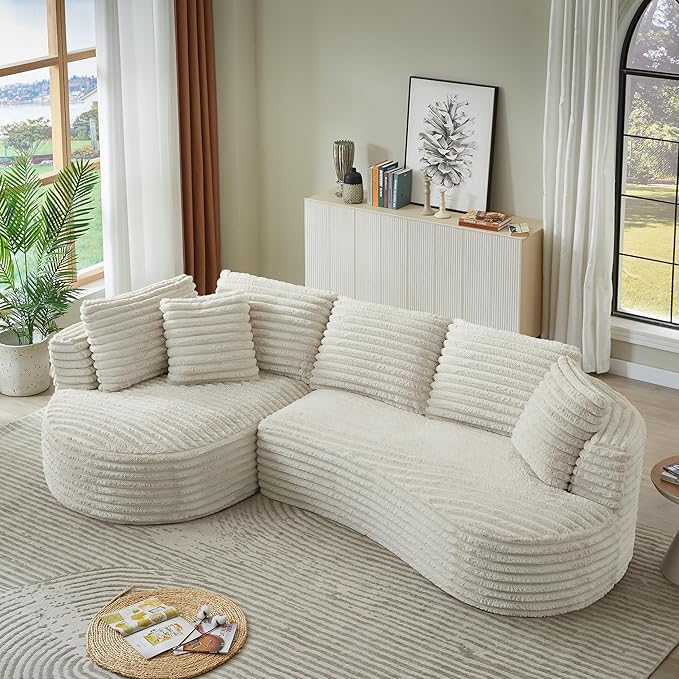 Plush Corduroy Cloud Sectional Sofa with Curved Chaise, Oversized 2 Pieces Modular Lounge Sofa with Deep Seat, Upholstered Sponge Compressed Couches for Living Room Bedroom,No Assembly Required