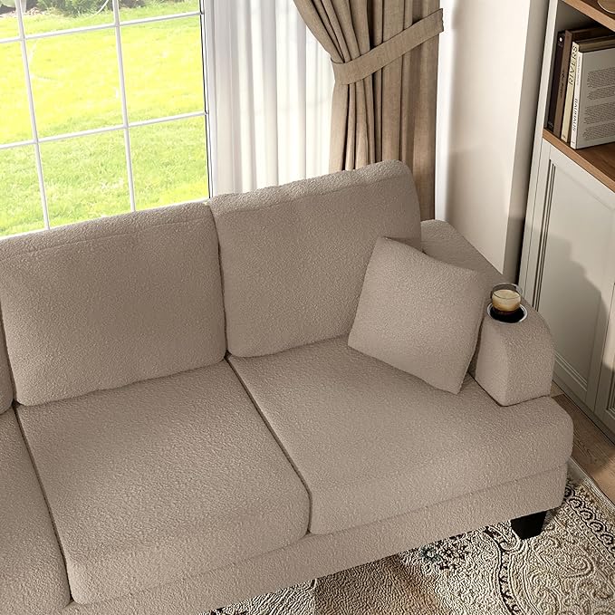 Homes: Inside + Out Reese Modern Plush Boucle Couch with Side Pockets, Cup Holders and USB Ports, Wooden Comfortable Sofa for Living Room, Bedroom and Office, Beige