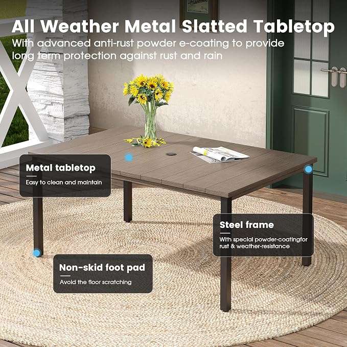 DIFY 7 Pieces Outdoor Patio Dining Set for 6, 63" Grey Wood-Like Rectangle Metal Dining Table and 6 Sandshell Stackable Sling Dining Chairs, Outdoor Table and Chairs for Lawn Garden Backyard Deck - Image 2