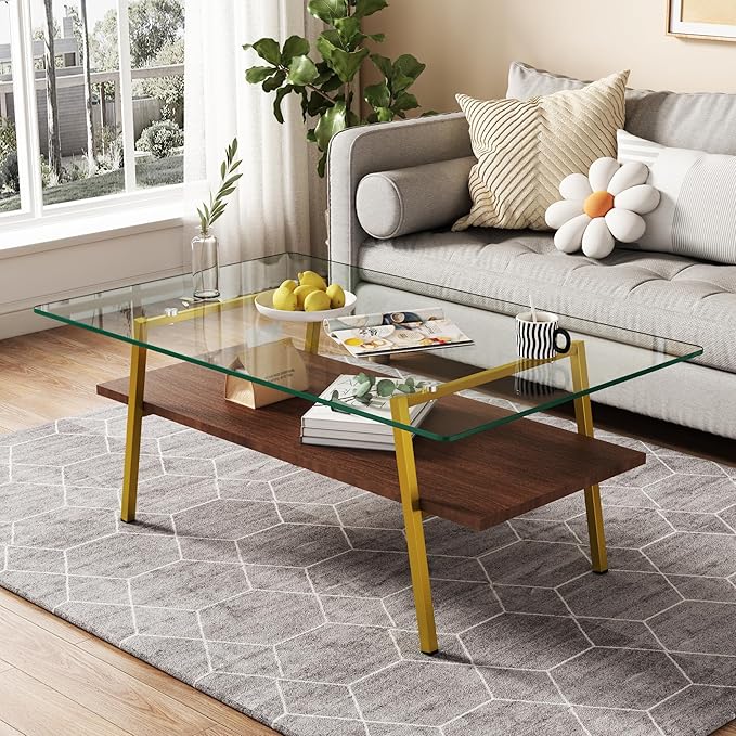IANIYA Glass Coffee Table for Living Room Small Gold Mid Century Coffee Table for Living Room with Wood Shelves (Gold Frame, Transparent Glass + Brown Wood)