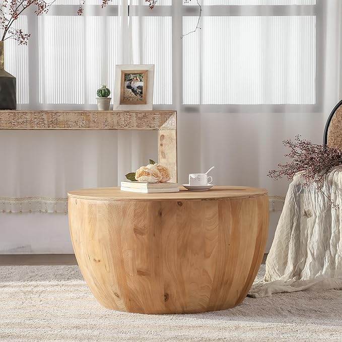 31.50" Coffee Table with Storage, Round Drum Coffee Table for Office, Dining Room and Living Room, Nature