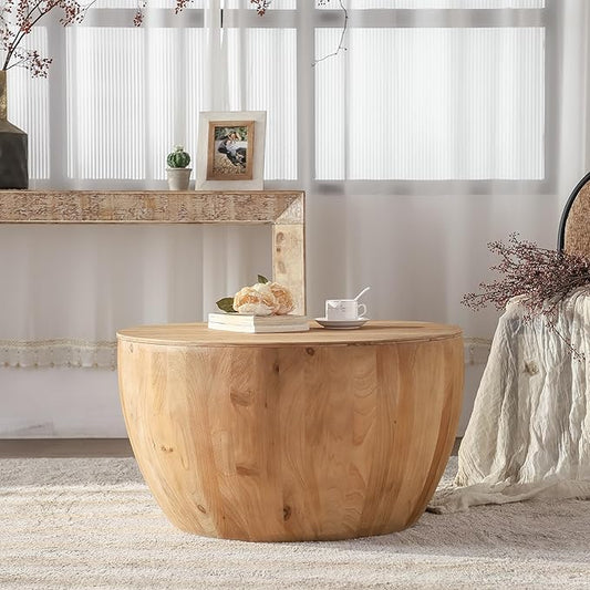 31.50" Coffee Table with Storage, Round Drum Coffee Table for Office, Dining Room and Living Room, Nature