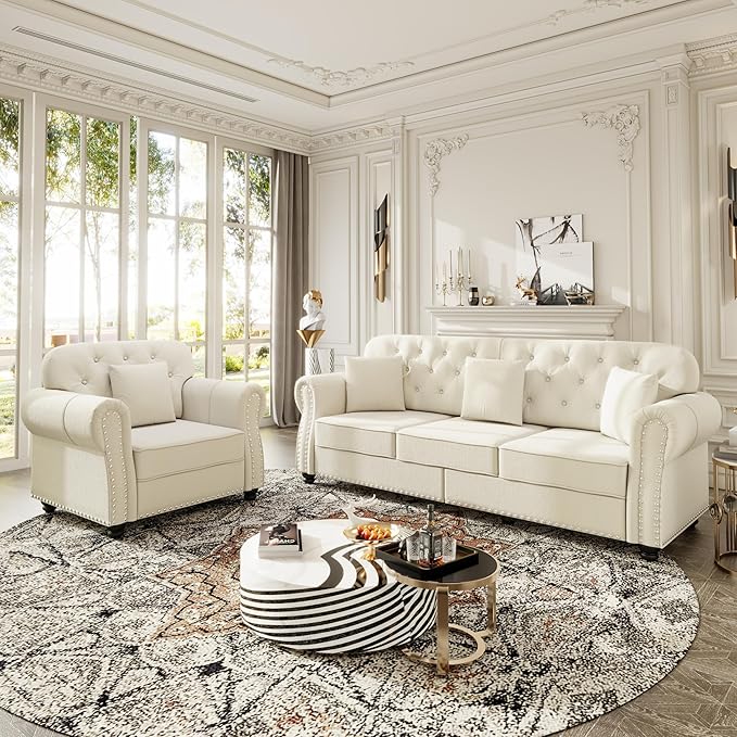 KEIKI 2-Piece Chesterfield Sofa Set with 1 Velvet 3-Seater Sofa & 1 Single Sofa, Upholstered 4-Seater Couch Set with Nailhead Trim & Rolled Arms & 1 Ottoman & 4 Pillow, for Living Room, White