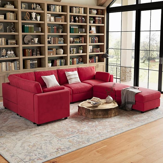 GarveeHome 138" Modular Sectional Sofa, 7 Seater Sectional Couch, U Shaped Sofa with Ottoman, Oversized Convertible Modular Couch for Living Room Apartment Office, Chenille Red