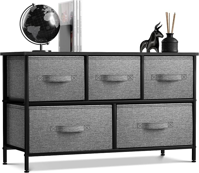 Sorbus Dresser with 5 Drawers - Storage Chest Organizer Unit with Steel Frame, Wood Top, Easy Pull Fabric Bins - Long Wide TV Stand for Bedroom Furniture, Hallway, Closet & Office Organization by Sorbus