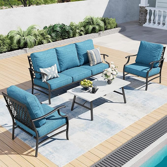 4 Piece Metal Outdoor Patio Furniture Set, Patio Conversation Set 1 3-seater Sofa, 2 Fixed Chair with 5.75" Extra Thick Cushion and Coffee Table, Black Frame Backyard Furniture, Blue-2
