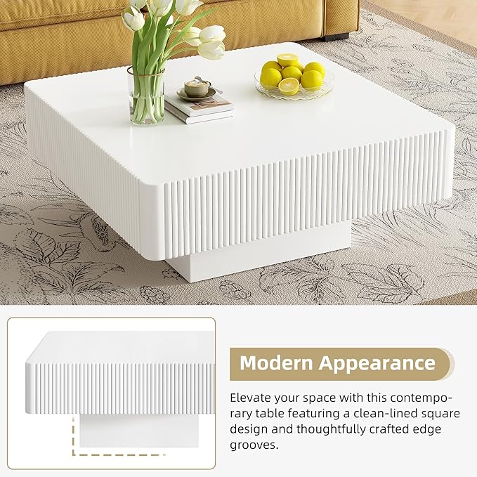 Merax Modern Square Coffee Table with Sturdy Base, Wood Minimalist Fluted Center Tables for Living Room Reception Room, Easy Assemble, White