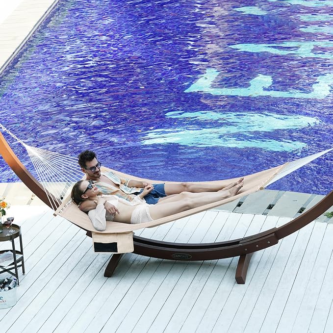 Lazy Daze Hammocks 11 FT Double Outside Hammock Quick Dry Olefin Fabric Hammock with Spreader Bar & Side Pocket for Outdoor Poolside Backyard 450 lbs Capacity, Beige - Image 2