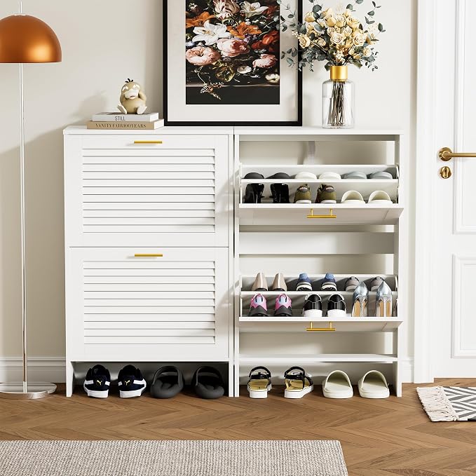 Shoe Cabinet Storage, Hidden Shoe Organizer, Modern Freestanding Organizer with 2 Flip Drawers Louvered Shoe Cabinet for Entryway (White, 2 Drawers) - Image 3