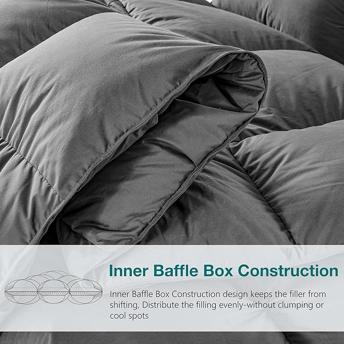 KAKABELL Pinch Pleat Goose Down Feathers Fiber Comforter Twin Size All Season-Ultra Soft and Cozy Noiseless Duvet Insert with Egyptian Cotton Blend Cover,Fluffy Warm Comforter Insert(Grey,68"X90")
