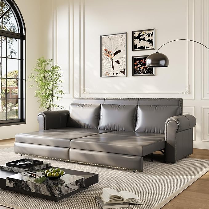 Eafurn 93.7" King Size Pull Out Sofa Bed, 3-in-1 Convertible Sleeper Sofa Couch Bed with Nailhead Decor and Rolled Arms, Faux Leather Oversized Chesterfield Loveseat Chaise Lounge