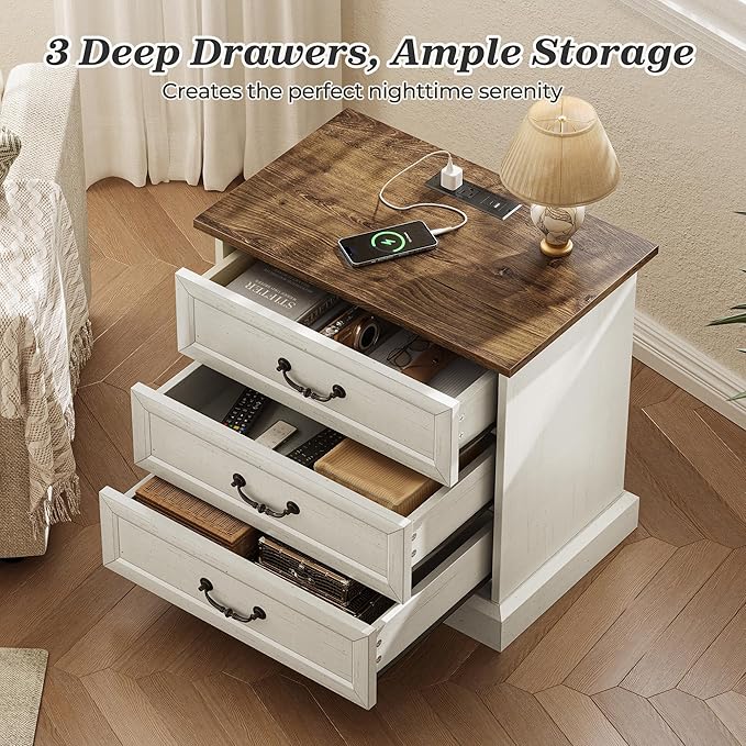 Huuger Nightstand with Charging Station, 3 Drawer Night Stand, 22 Inch Wider Side Table with Storage, Farmhouse Nightstand with Vintage Handles, Thicken Base, for Bedroom, Distressed White - Image 5