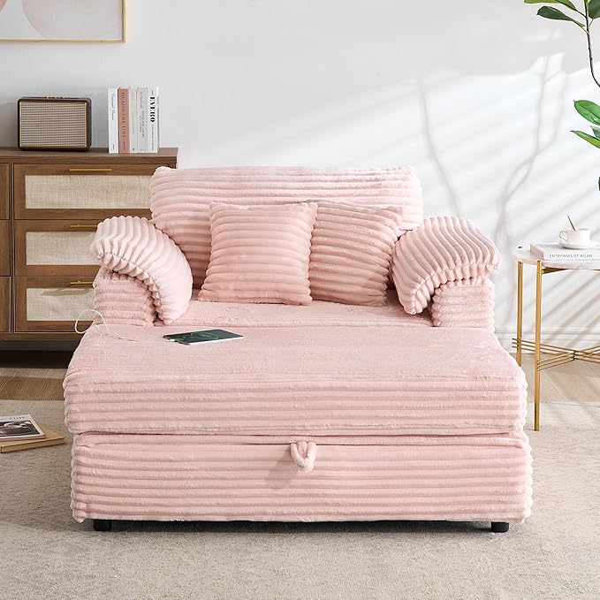 KEIKI 47.24 inch Corduroy Sofa, Wide Corduroy Armchair with Storage Feet and 2 Throw Pillows, Sleeper Couch for Living Room, Apartment, Salon, Home Theater, Pink