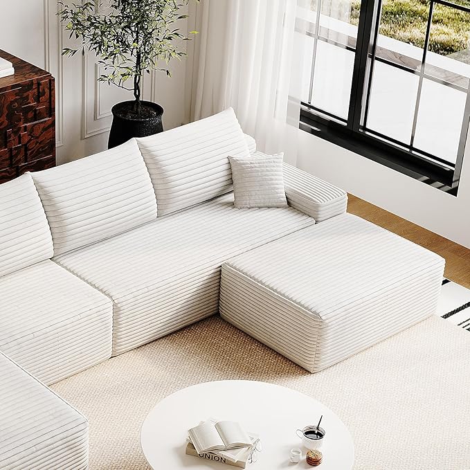 37.4" Plush Corduroy Ottoman, Upholstered Cloud Ottoman for Boneless Couch in a Box, Modular Sectional Couches for Living Room, Compressed Memory Foam, No Assembly Require, White