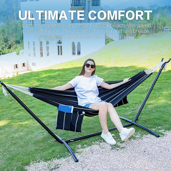 PNAEUT Double Hammocks with Stand for Outside, Portable Space Saving Heavy-Duty Steel Stand for Indoor Outdoor Patio with Carrying Bag, 450 lbs Capacity (Chasm) - Image 2
