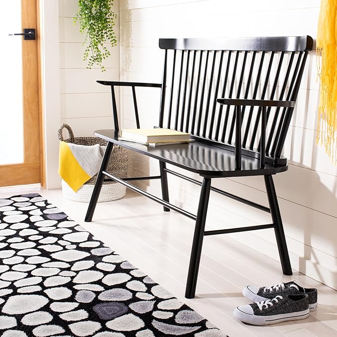 SAFAVIEH Home Collection – Addison Black Solid Wood Spindle Back Loveseat Bench, Farmhouse Settee for Entryway Living Room or Dining Area (AMH8513A)