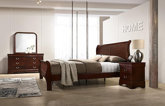 Roundhill Furniture Isola Louis Philippe Style Sleigh Bedroom Set, King Bed, Dresser, Mirror and Night Stand, Cherry Finish