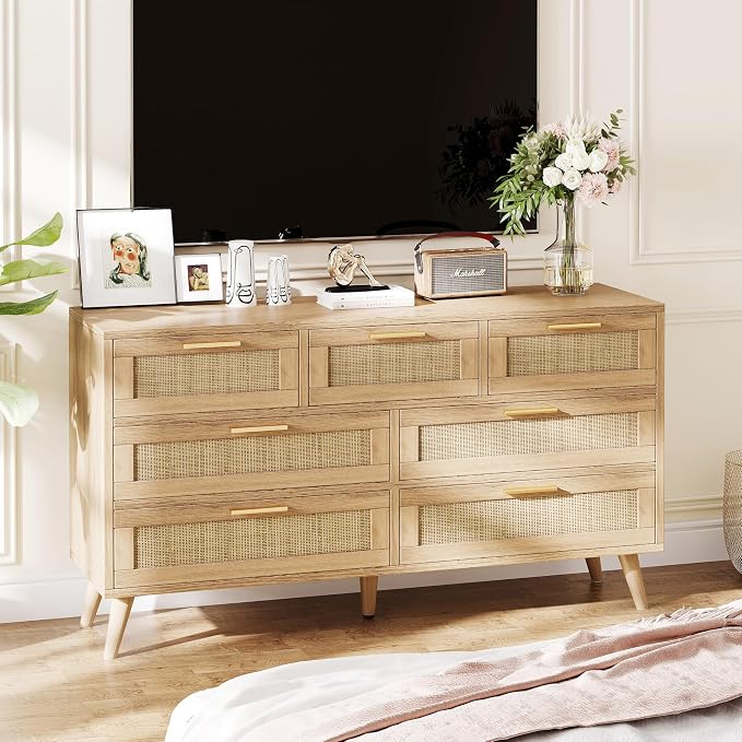 Rovaurx 7 Drawer Double Dresser for Bedroom, Rattan Chest of Dressers, Modern Wooden Dresser Chest with Golden Handles, Beside Table for Closet, Living Room and Entryway, Natural RDG004M - Image 3