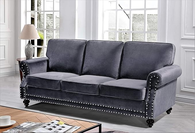 Lotus Mid Century Modern Velvet Upholstered Living Room Rolled Arms, Chair, Loveseat and Sofa, Grey