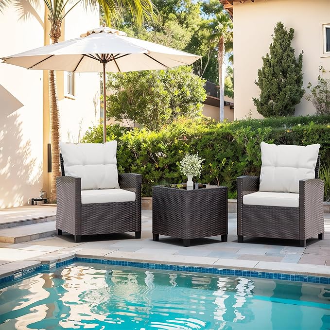 Vongrasig 3 Pieces Patio Furniture Set Small Outdoor Wicker Rattan Front Porch Bistro Set Cushioned Patio Chairs Conversation Set with Glass Table for Lawn, Garden, Backyard, Balcony, Beige
