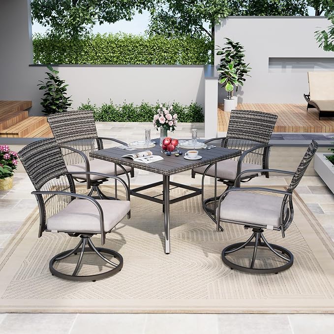 Pamapic 5-Piece Outdoor Dining Set with Swivel Chairs, Rattan Patio Furniture for Backyard, Deck, Garden, Weather-Resistant Iron Slats Table & 4 Chairs with Removable Cushions (Grey) by Pamapic
