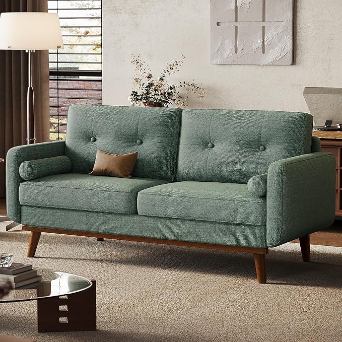 Garvee 65 in Mid Century Modern Loveseat Sofa for Small Spaces, 2 Seater Linen Upholstered Couch with Button Tufted Design & Wood Legs, Small Couch for Living Room, Bedroom, Office, Apartment, Green