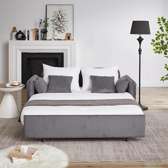 Ball & Cast 66" Convertible Sofa Bed,3-in-1 Corduroy Loveseat Sleeper Pull Out Couch Bed with Pillows and Side Pockets, Deep Seat Comfy Sofa Couches for Living Room,Apartment,Grey