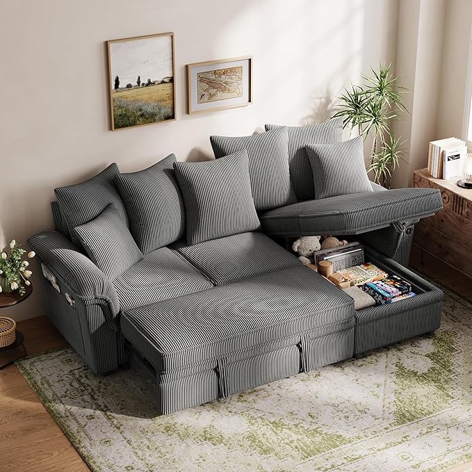 LINSY HOME 90.5'' Sectional Sleeper Sofa with Pull Out Couch Bed Modular (Gray, 90.5'') | USB Charging, Pillow-style Armrest, Multiple Cushions, Storage Chaise, Corduroy Fabric