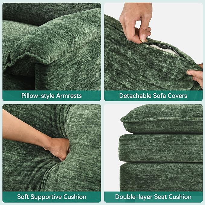DWVO 142" Modular Sectional Sofa, Modern U Shaped Couch with Movable Ottoman, Pillow-Armrest, Velvet 6 Deep Seat Cloud Couch for Living Room, Green