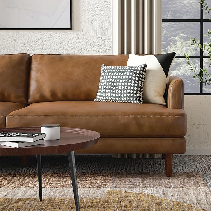 SIMPLIHOME Livingston Sofa - 90 inch Wide Top Grain Genuine Leather Sofa in Caramel Brown, Mid-Century Modern 3-Seater Couch for Living Room with Feather-Wrapped Cushions and Solid Wood Frame