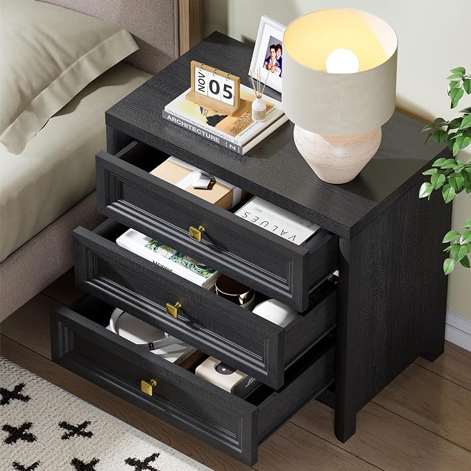 Black Night Stand Set of 2, Farmhouse Nightstand with 3 Drawers, 24.8” Tall Nightstand with Gold Knobs, Wood Bedside Table for Bedroom, Modern End Table for Living Room Office - Image 6