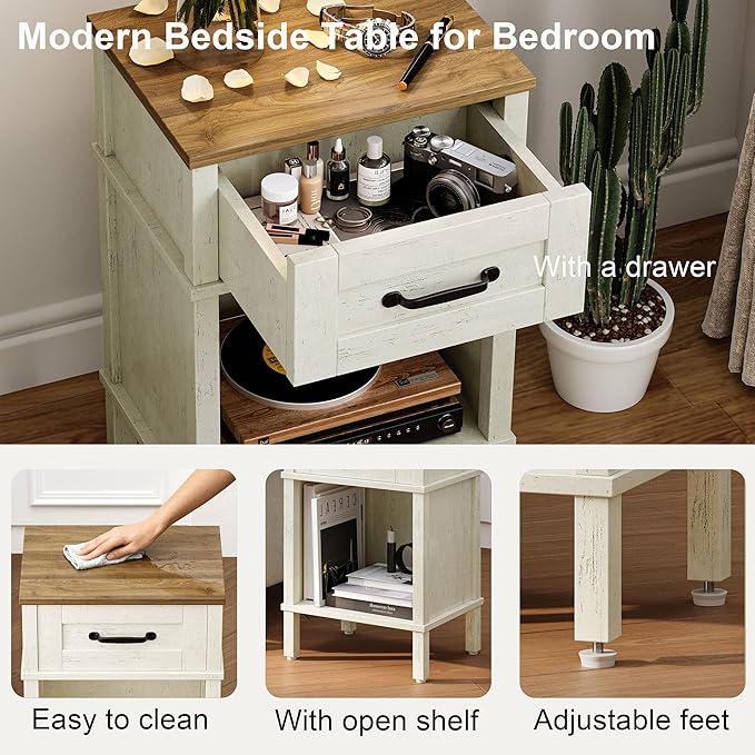 White Farmhouse Nightstand with Drawer, Small Wooden Bedside Table, White End Table, Bedroom Side Table with Storage, Rustic Wood Night Stand LET512WR - Image 6