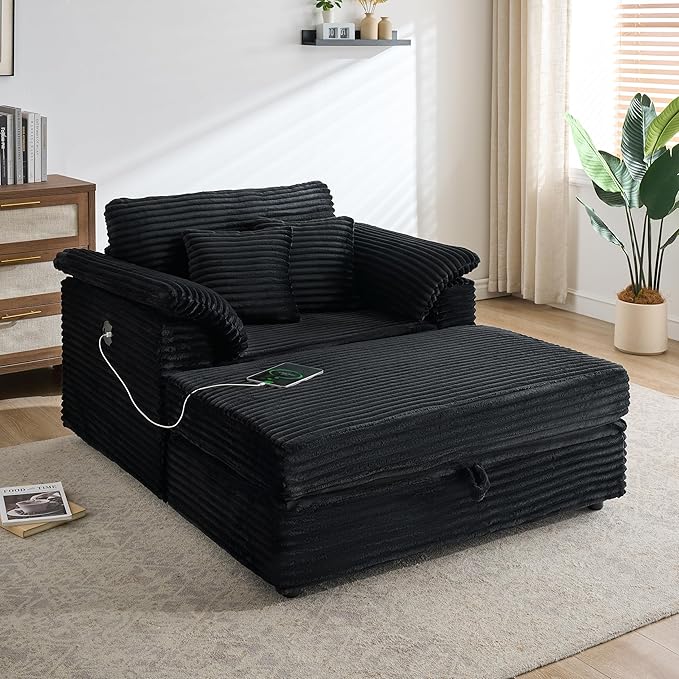KEIKI 47.24 inch Corduroy Sofa, Wide Corduroy Armchair with Storage Feet and 2 Throw Pillows, Sleeper Couch for Living Room, Apartment, Salon, Home Theater, Black