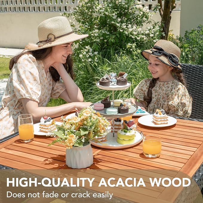 Devoko 5 PCS Furniture, Patio Conversation Set with Acacia Wood Top, Rattan Outdoor Dining Table and Chairs for Backyard, Garden, Deck, Black - Image 5