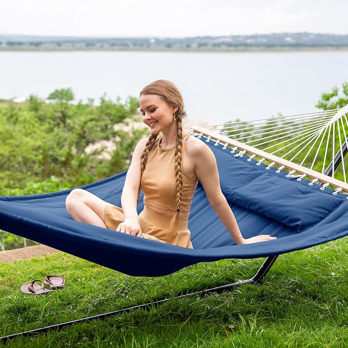 SUNCREAT 2 Person Free Standing Hammock with 15 ft Stand, 475 lbs Capacity, Backyard Hammock with Stand, Navy - Image 2