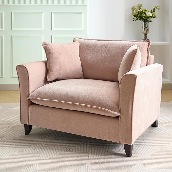 46.3 Inch Oversized Armchair Chenille Fabric Chair and a Half Single Sofa with Pillow Removable Washable Covers Rubberwood Legs Ruffled Armrests for Living Room Bedroom Office Apartment, Pink