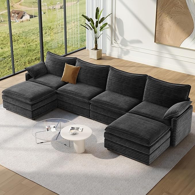 Vesgantti 142" U Shaped Sectional Cloud Couch, Large Cloud Modular Sectional Sofa with 2 Ottoman Deep Seat Corduroy Modern Modular Sofa Set for Living Room, Bedroom, Basement and Apartment, Gray