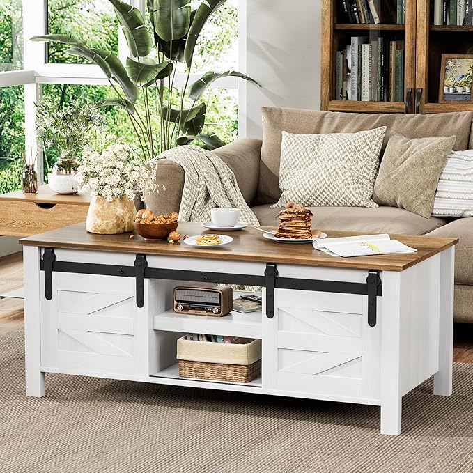 JUMMICO Farmhouse Coffee Table with Storage & Sliding Barn Doors, Modern Rustic Living Room Table with Adjustable Shelves, Wooden Rustic Center Table for Living Room (Antique White)