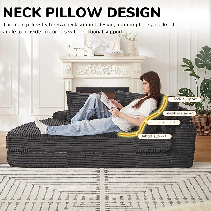 ERYE Oversized Round Sofa Chaise Daybed Comfy Corduroy Couch Boneless Sleeper Recliner Sofabed with 10 Pillows and Headrests