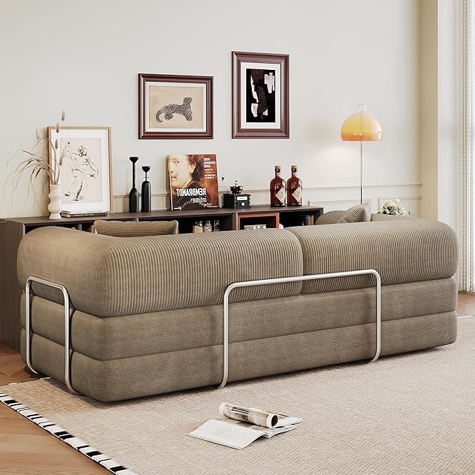 JINGLING 79" Queen Sleeper Sofa Bed with Memory Foam, Compressed Couch in a Box, Foldable Convertible Small Couches for Small Spaces Bedroom Game Room, Corduroy Fabric, Camel
