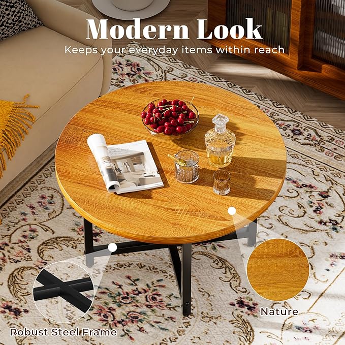 Round Coffee Table, Small Coffee Tables for Living Room, Wood Coffee Table with Metal Frame, Floor Table Desk for Sitting on The Floor, Home, Office, Farmhouse, Honey Brown (23.6"D x 17.7"H)