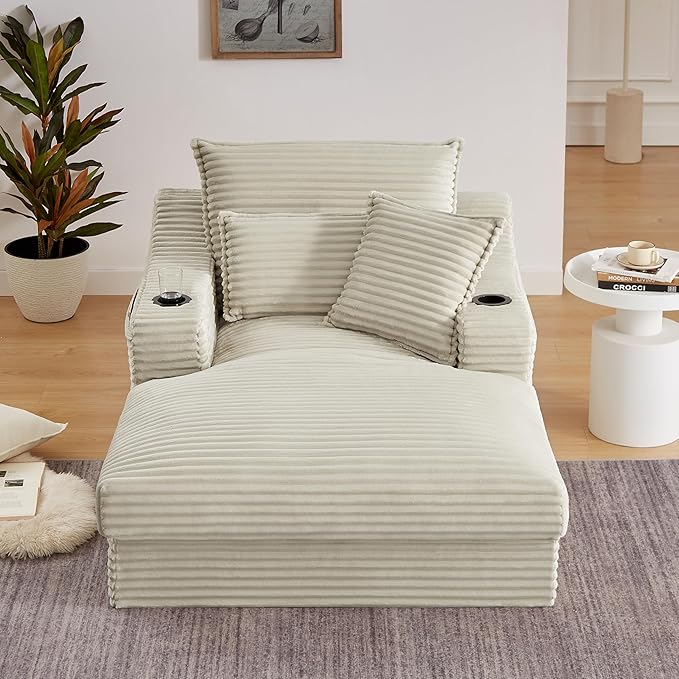 47 Inches Oversized Chaise Lounge Chair Indoor, Fluffy Corduroy Upholstered Boneless Sleeper Sofa Couch with Cupholders and 3 Throw Pillows, Deep Seat Lazy Lounger Cloud Couch Bed