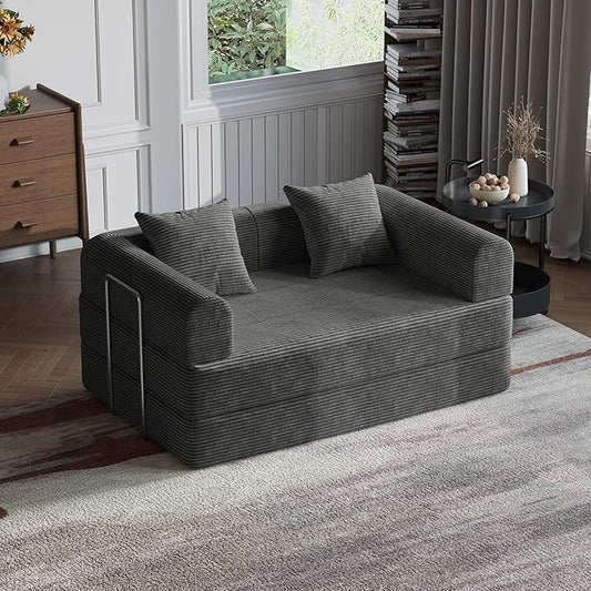HouseMila 53.15" Boneless Couch,4-in-1 Futon Sofa Bed Modular Loveseat Sleeper Folding Compressed Couch with Pillows,No Assembly Required Convertible Sofa Bed for Living Room Bedroom Guest Room,Grey
