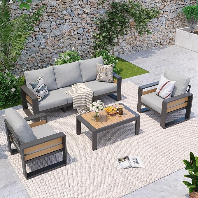 Aoxun Aluminum Patio Furniture Set, 5 Seats Luxury Metal Patio Conversation Sets with Coffee Table, 6'' Thick Cushions and 3-Seat Sofa, Modern Outdoor Furniture Set for Backyard/Poolside, Light Grey