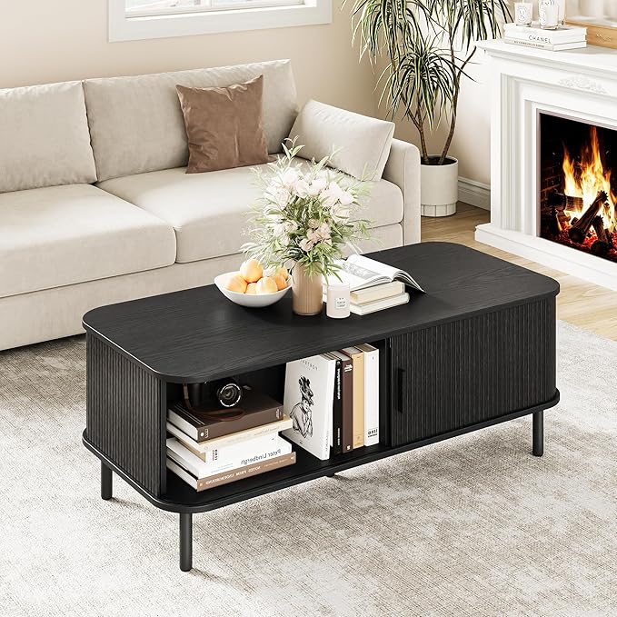 Coffee Table with Storage, 47.2" Mid Century Modern Coffee Tables for Living Room, Rectangle Wood Center Table with Sliding Tambour Door & Adjustable Leg for Living Room, Black