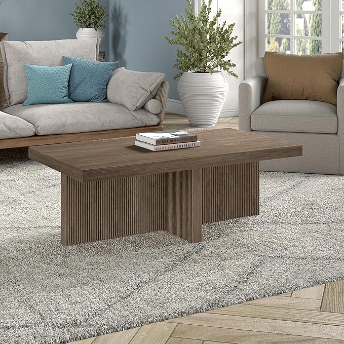 Henn&Hart 44" Fluted Rectangular Wood Pedestal Low-Profile Coffee Table with Ribbed Pedestal Base for Living Room, Family Room or Office, Weathered Gray