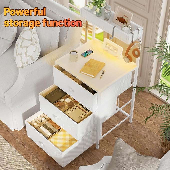 EnHomee Nightstand with Charging Station & Led, Nightstand with 3 Fabric Drawers, Bedside Table for Bedroom,Entryway, Hallway, Closet, 4 Hooks, 1 top Shelf, White - Image 5