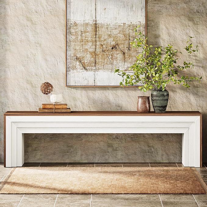 Tribesigns 71" Extra Long Entryway Bench, Modern Farmhouse Shoe Bench Wooden Indoor Seating with Layered Design for Hallway, End of Bed, Living Room, Sofa Back, Dining Room, Rustic Brown & White - Image 7