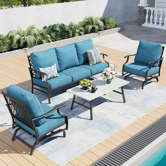 4 Piece Metal Outdoor Patio Furniture Set, Patio Conversation Set 3-seater Sofa, 2 Rocking Chair with 5.75" Extra Thick Cushion and Coffee Table, Black Frame Backyard Furniture, Blue-2