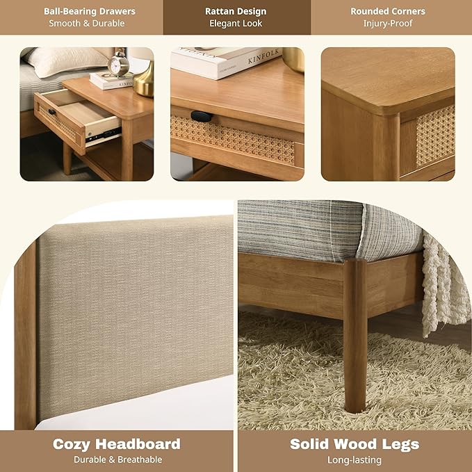 Roundhill Furniture Vichy 3-Piece Rubberwood Bedroom Set, Platform Bed with Two Nightstands, King, Textured Polyester